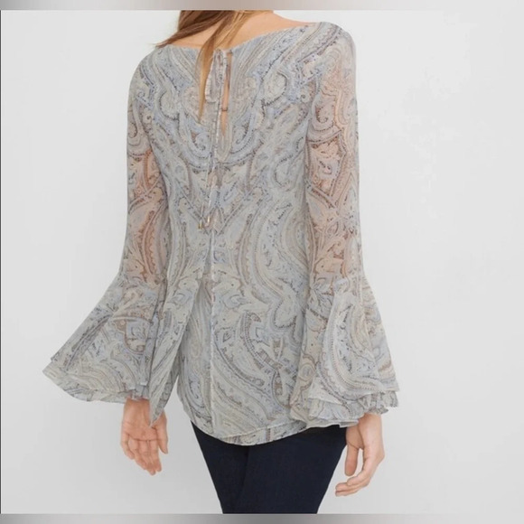White House Black Market Sheer Paisley Blouse - Gray and Cream - Picture 4 of 13